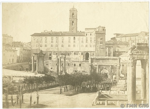 Томмазо Куччони (около 1790 - 1864). Италия. Рим. Римский форум. Вид в сторону Табулария и арки Септимия Севера. Около 1858