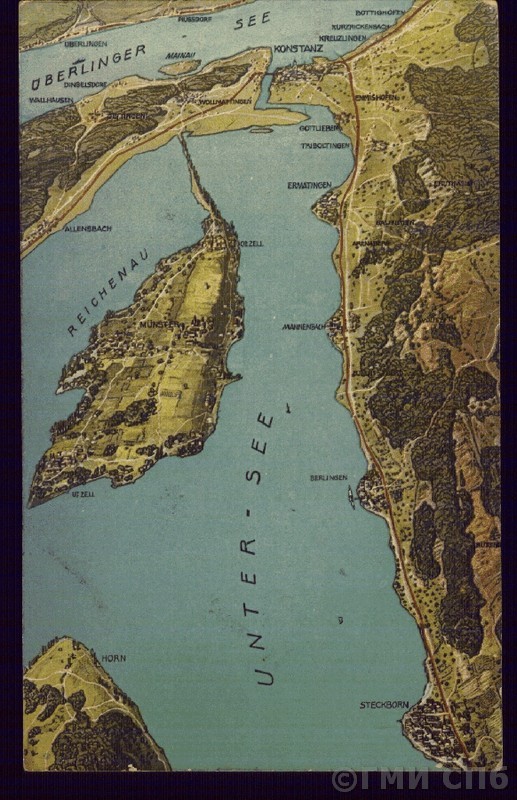 Карта местности в районе Нижнего Боденского озера с островом Райхенау.  Первая четверть XX века