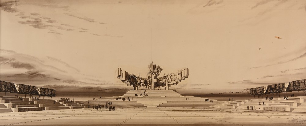 Петров В. А., Булдаков Г. Н., Романовский Ф. К., Дема А. Г. Проект памятника Октябрьской революции в северо-западной части Васильевского острова. Вариант. Перспективный вид.  Начало 1980-х.  Ватман, отмывка, карандаш, белила, тушь. ГМИ СПб