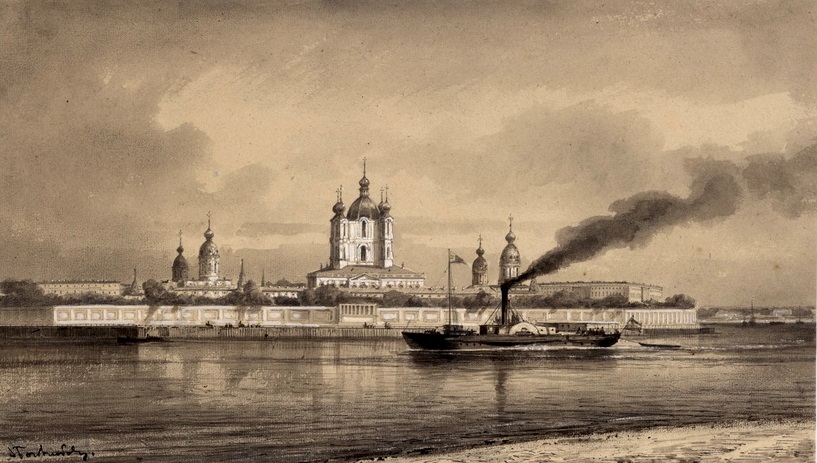 А. П. Боголюбов. Отъезд. Смольный монастырь. 1863. ГМЗ «Павловск»