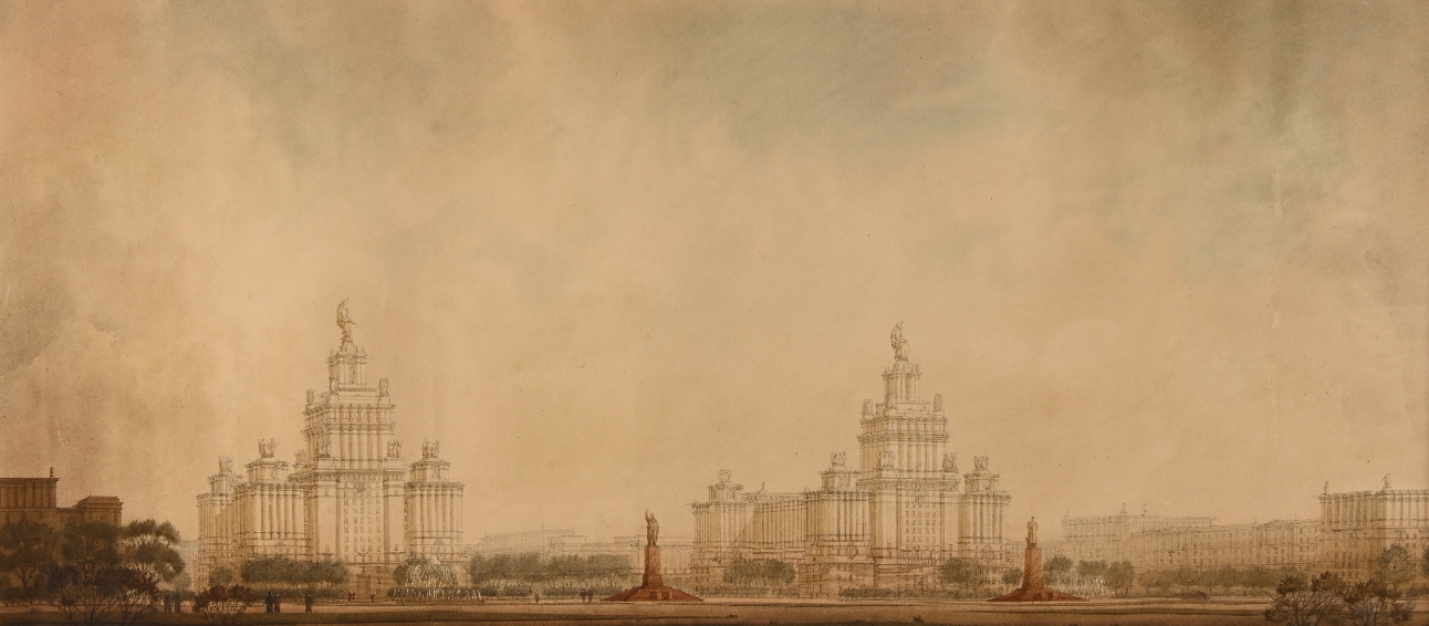 Журавлев Б. Н., Васильковский С. В., Арешев П. А. Проект парадного въезда в Ленинград со стороны Средней Рогатки. Вариант Перспективный вид. 1952. Бумага, карандаш, тушь, акварель.ГМИ СПб